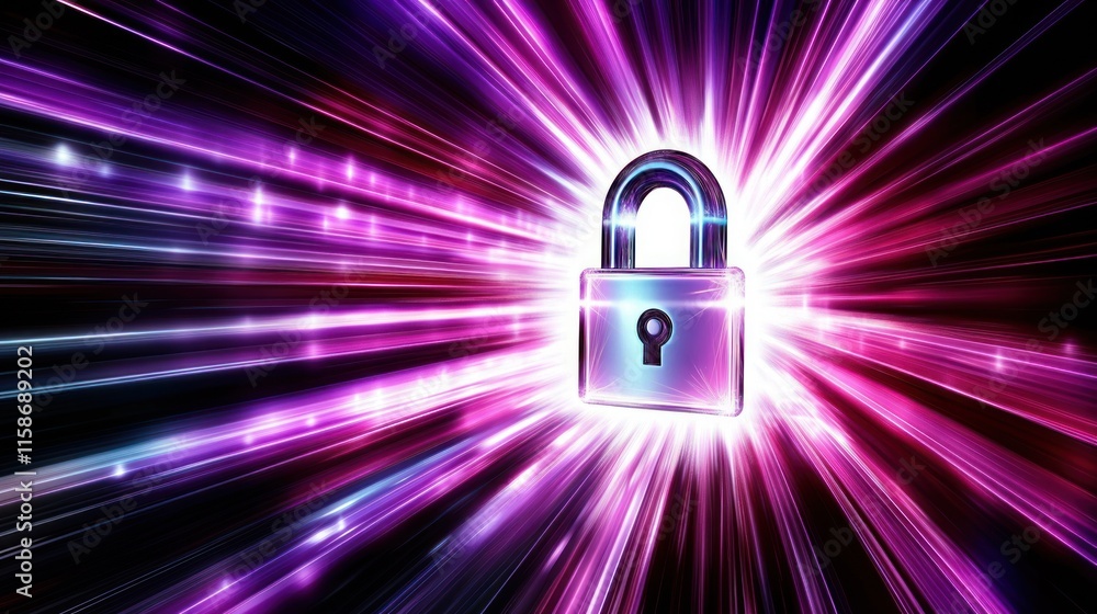 A glowing digital lock emits bright light rays, Represents data loss prevention, DLP, and robust data protection solutions A glowing digital lock emits bright light rays, Represents data loss prevention, DLP, and robust data protection solutions