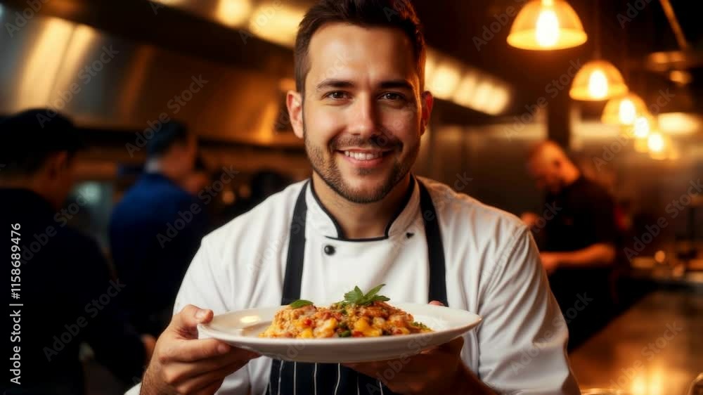 Smiling male chef presenting pasta dish Smiling male chef presenting pasta dish