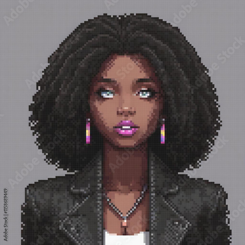 Pixel art image woman unique hairstyle wearing necklace earrings standing front gray background