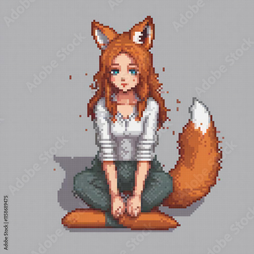 Woman white shirt sits next pixelated fox background grey pixelated sky