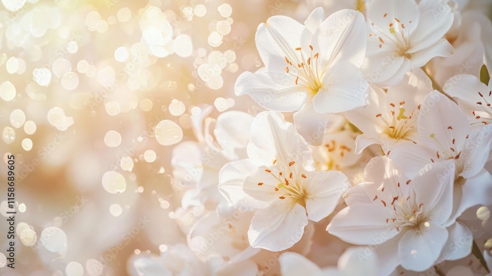Close-up of delicate white flowers blooming in sunlight with bokeh background. Close-up of delicate white flowers blooming in sunlight with bokeh background.