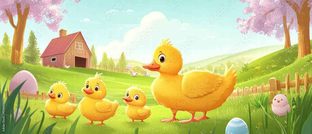 Cute farmyard with joyful Easter ducks and chicks on a sunny day Cute farmyard with joyful Easter ducks and chicks on a sunny day
