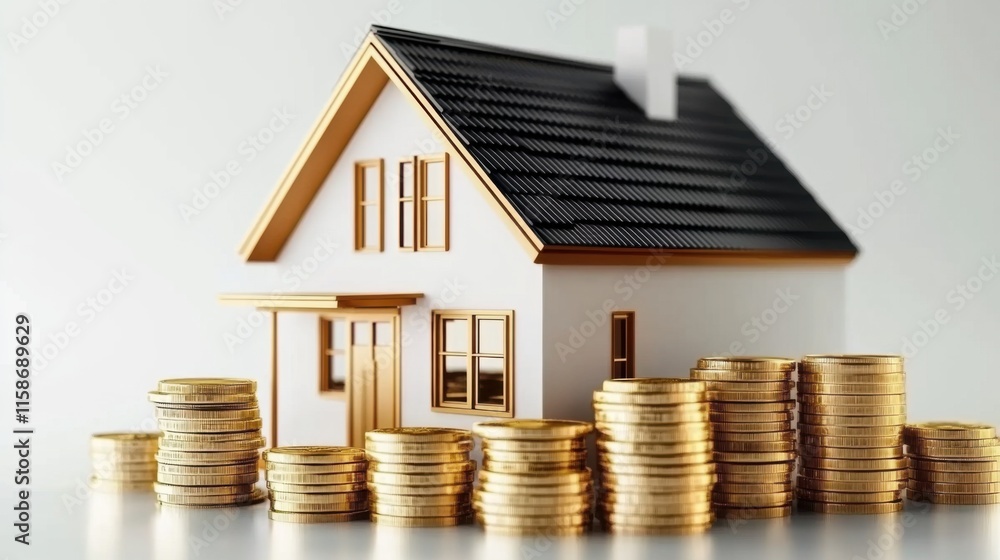 House and coin stack on white background illustrate rent cost management and home savings goals. Energy-efficient living, daily cost awareness, and AI-generated imagery for investment property dreams House and coin stack on white background illustrate rent cost management and home savings goals. Energy-efficient living, daily cost awareness, and AI-generated imagery for investment property dreams