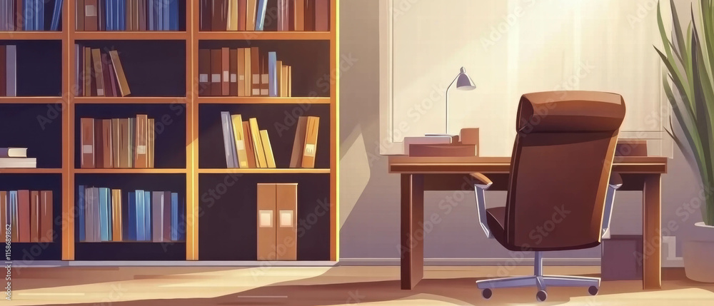 Fototapeta premium Cozy home office with a well-organized desk and bookshelves for productivity