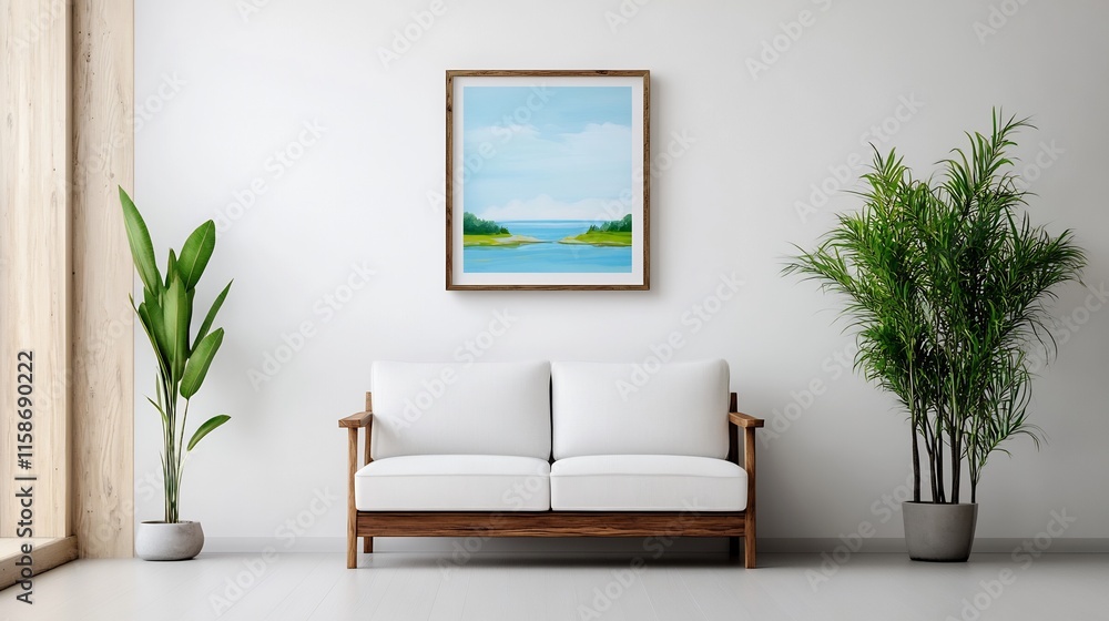 Serene Coastal Landscape Painting: Calmly Displayed in Modern Interior. AI Generated Serene Coastal Landscape Painting: Calmly Displayed in Modern Interior. AI Generated