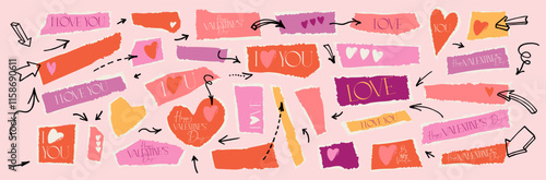 Valentine's day torn paper heart and arrow collage. Vector ripped edge retro love quote stickers. Funky groovy love collage banner bg. Grungy red pink cutout hearts, sticky notes, washy tape elements
