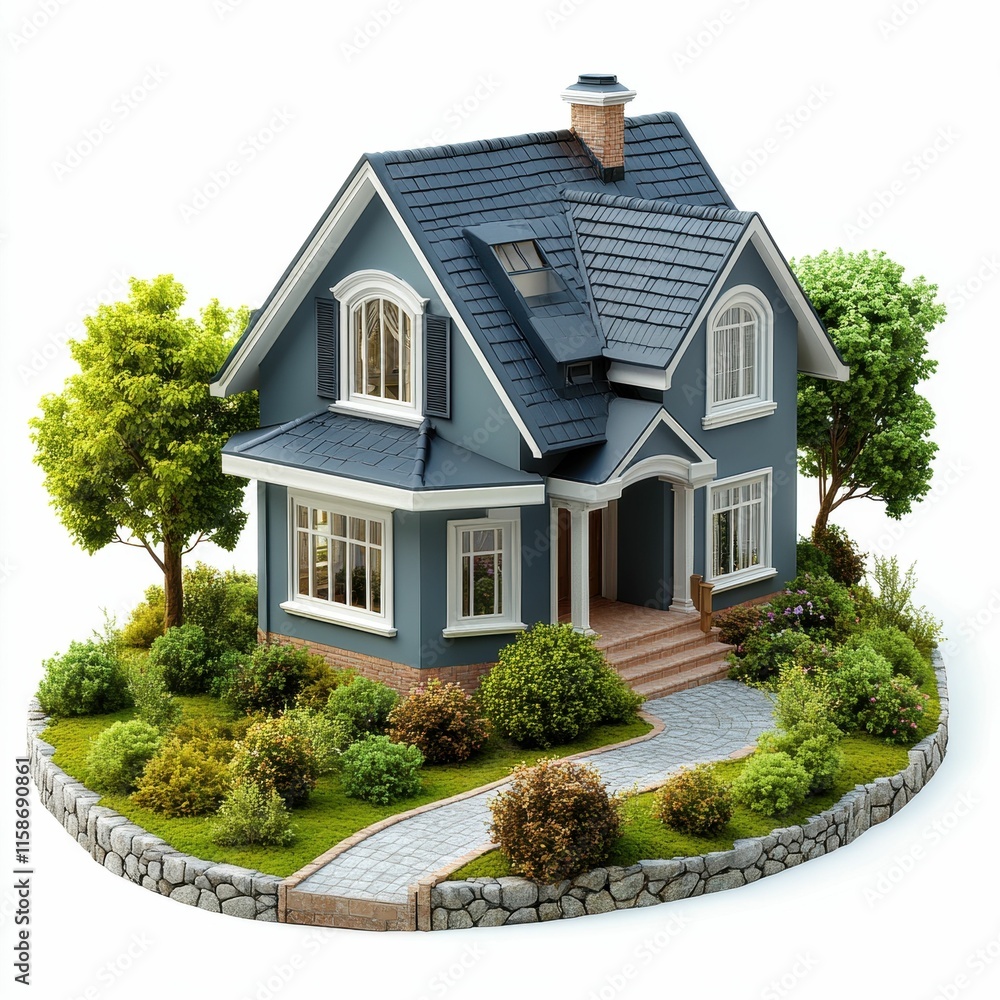 A charming miniature house surrounded by lush greenery and a stone pathway, showcasing a cozy and inviting residential design.