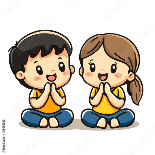 Cute cartoon kids sitting, praying, happy.