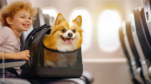 Cheerful child sitting beside a corgi dog in a pet carrier on an airplane. The corgi looks happy, making the perfect travel companion. Suitable for travel themes. photo