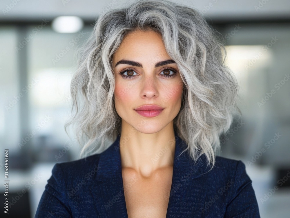 Smiling middle-aged professional woman with gray wavy hair and a confident expression, wearing a dark blazer in a bright office setting. Smiling middle-aged professional woman with gray wavy hair and a confident expression, wearing a dark blazer in a bright office setting.