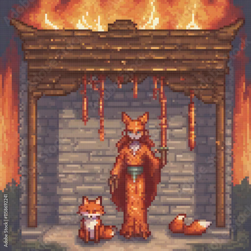 Pixel art image features woman standing next fox fiery background unique detailed appearance