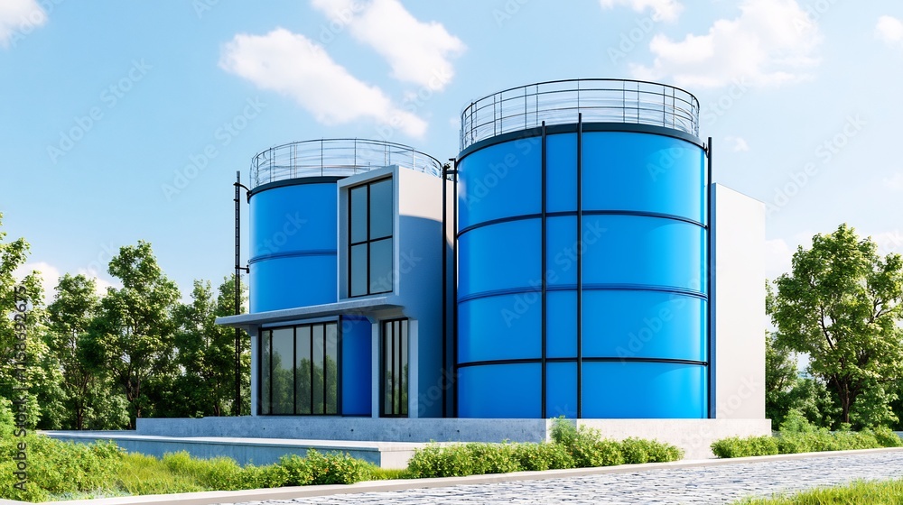 Modern Blue Water Storage Tanks: Stunning 3D Render, Exterior View. AI Generated Modern Blue Water Storage Tanks: Stunning 3D Render, Exterior View. AI Generated