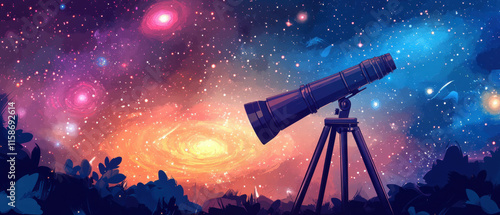 Explore distant galaxies with a telescope under a vibrant cosmic sky