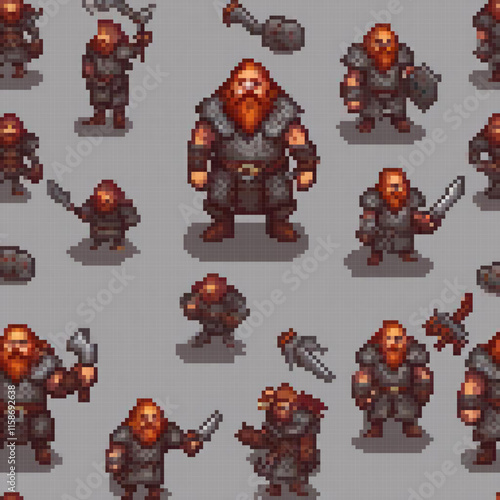 Pixel art image showcases group warriors each unique features like horns weapons