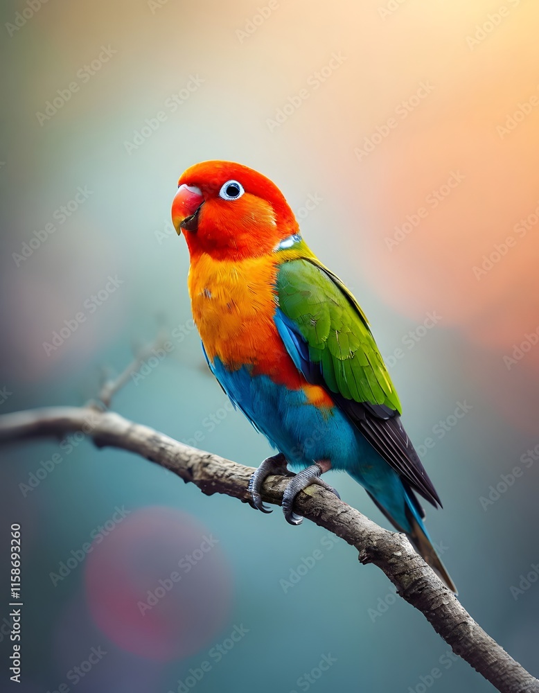 Obraz premium Colorful lovebird sitting on a branch on a soft blurred background.