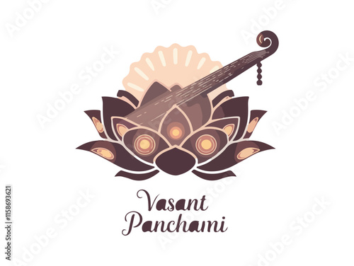 A symbolic depiction of Vasant Panchami showcasing a veena instrument atop lotus motifs