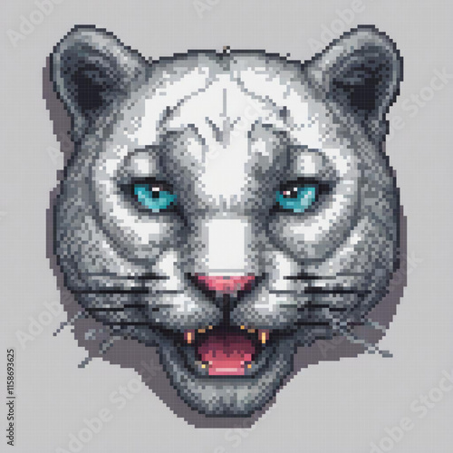 Pixel art image white tiger blue eyes pink snout mouth open set against gray background