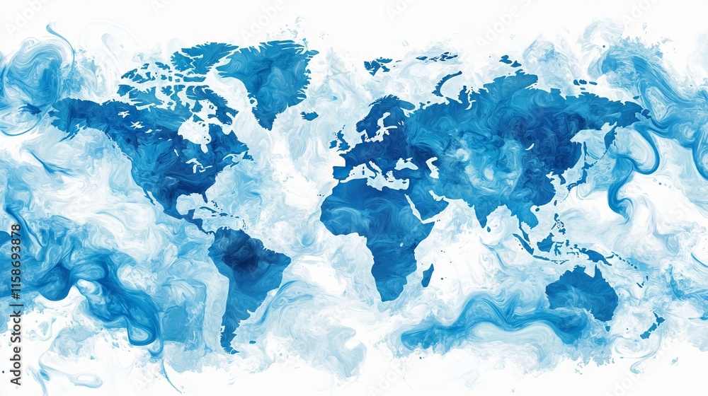 Obraz premium Bright Blue World Map in Modern Flat Design Isolated on White Background
