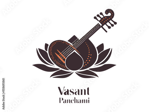 A symbolic depiction of Vasant Panchami showcasing a veena instrument atop lotus motifs