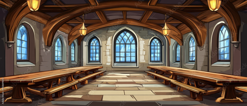 Obraz premium Cozy castle dining hall with long wooden tables and vintage lighting in a charming atmosphere