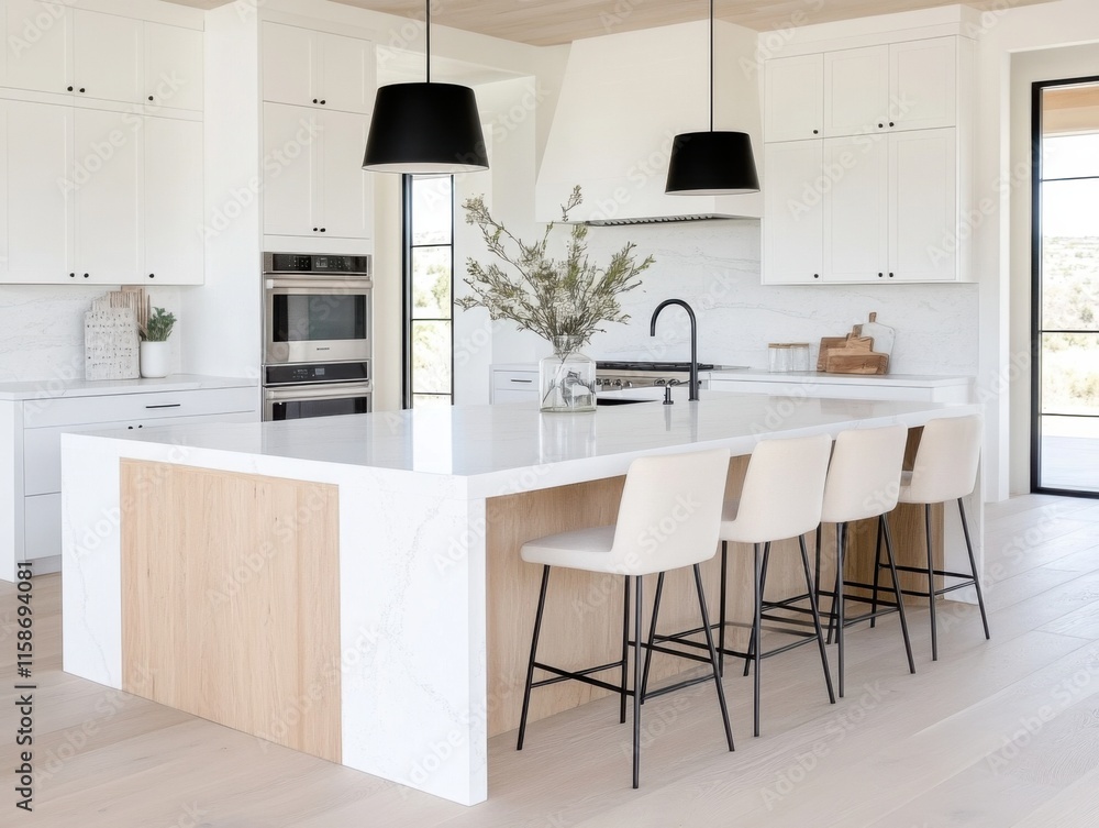 A bright, spacious, and modern farmhouse-style kitchen featuring a large island, white cabinetry, and black accents, exuding a minimalist yet inviting atmosphere. A bright, spacious, and modern farmhouse-style kitchen featuring a large island, white cabinetry, and black accents, exuding a minimalist yet inviting atmosphere.