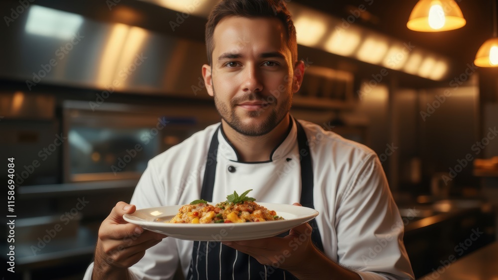 Smiling male chef presenting pasta dish Smiling male chef presenting pasta dish