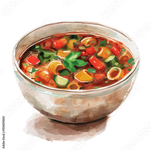 A watercolor vector painting of Italian minestrone soup with vegetables and pasta, isolated on a white background. Italian minestrone soup vector.

