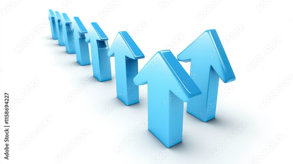 Row of light blue 3D arrows pointing upwards, symbolizing growth, progress, and success. Row of light blue 3D arrows pointing upwards, symbolizing growth, progress, and success.