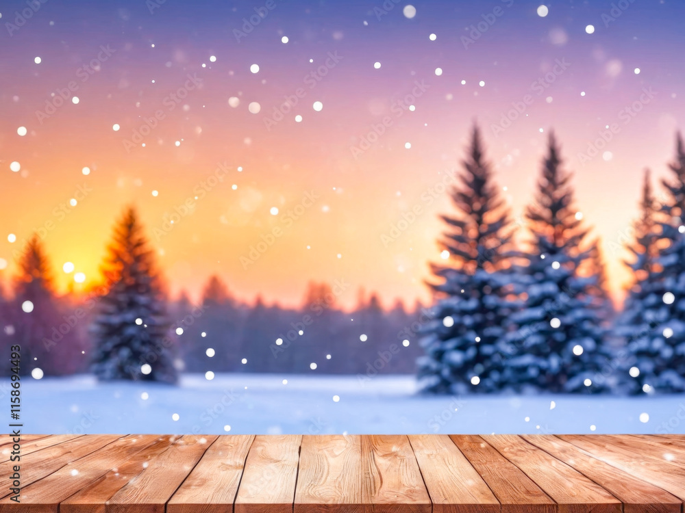 Fototapeta premium Wooden Table in Snowy Winter Wonderland at Sunset