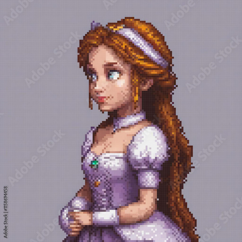 Pixel art image woman white dress crown standing front gray background