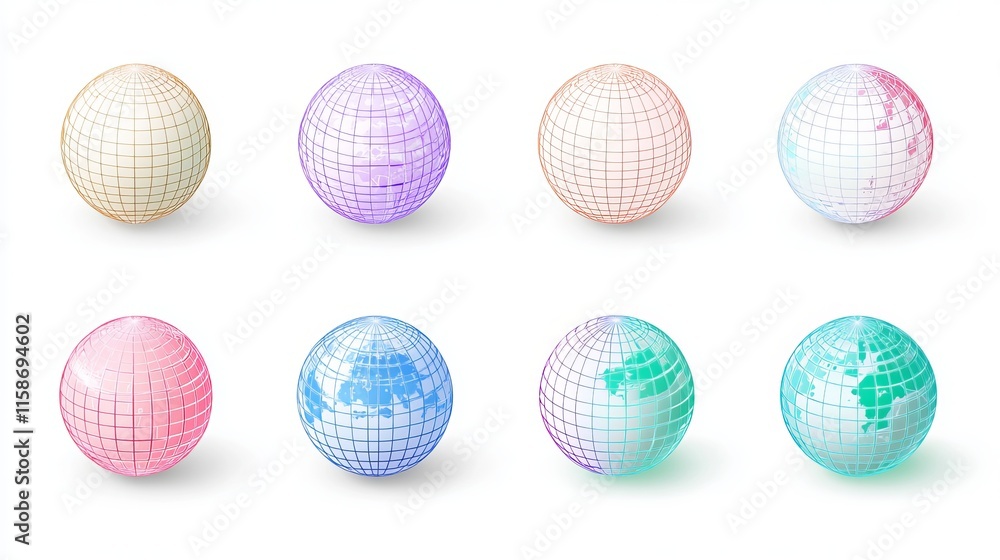 Fototapeta premium Vector Illustration of Striped 3D Globe Grid Spheres with Latitude and Longitude Line Grids