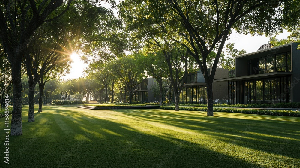Fototapeta premium Sunrise casts long shadows across manicured lawns and modern homes nestled amongst lush trees.