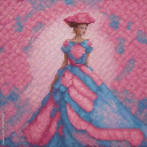 Woman pink blue dress stands pink background hat surrounded pixel art