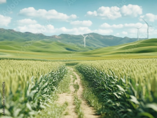 A serene landscape featuring a path through a lush green field, with wind turbines in the background under a clear blue sky and fluffy clouds. photo