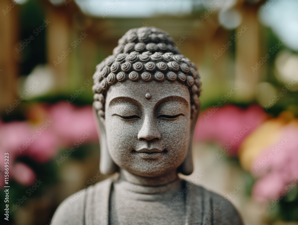 Serene Buddha statue with colorful flowers in the background, creating a peaceful and cinematic scene. Serene Buddha statue with colorful flowers in the background, creating a peaceful and cinematic scene.