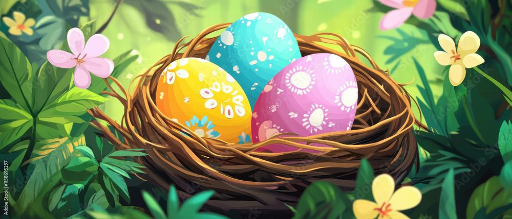 Fototapeta premium Brightly colored Easter eggs hidden in a nest surrounded by vibrant spring foliage
