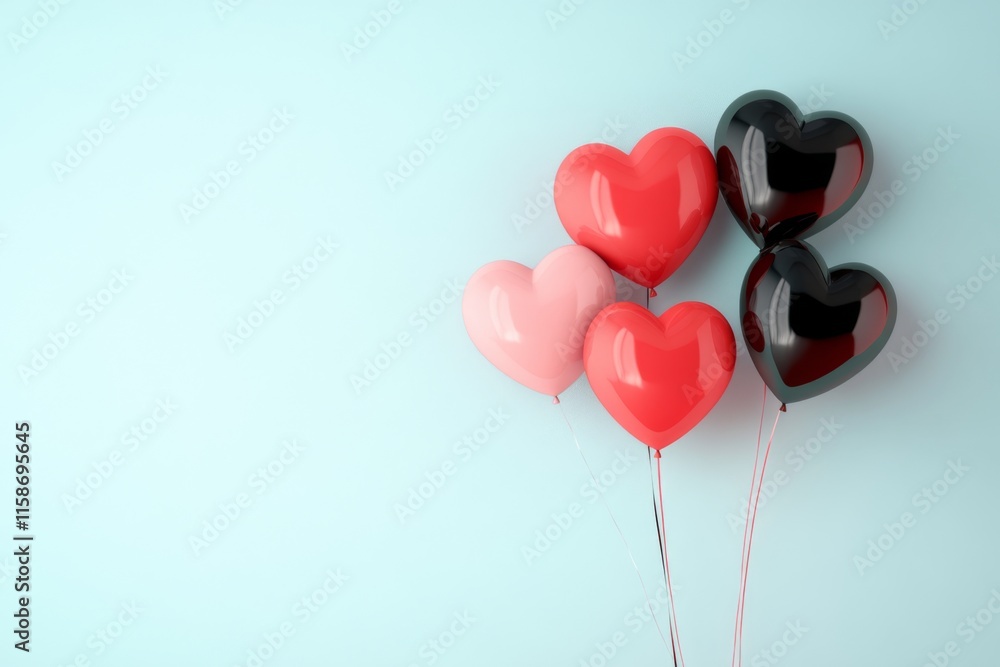 Valentine's Day blue background with copy space, heart shaped black, red and pink balloons Valentine's Day blue background with copy space, heart shaped black, red and pink balloons