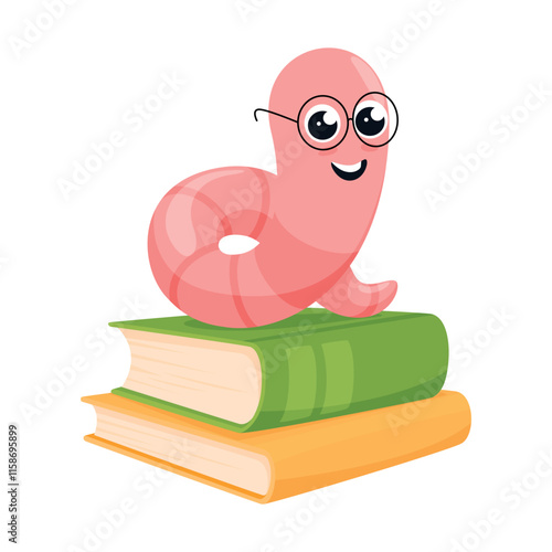 Bookworm funny cartoon worm on book stack isometric vector illustration