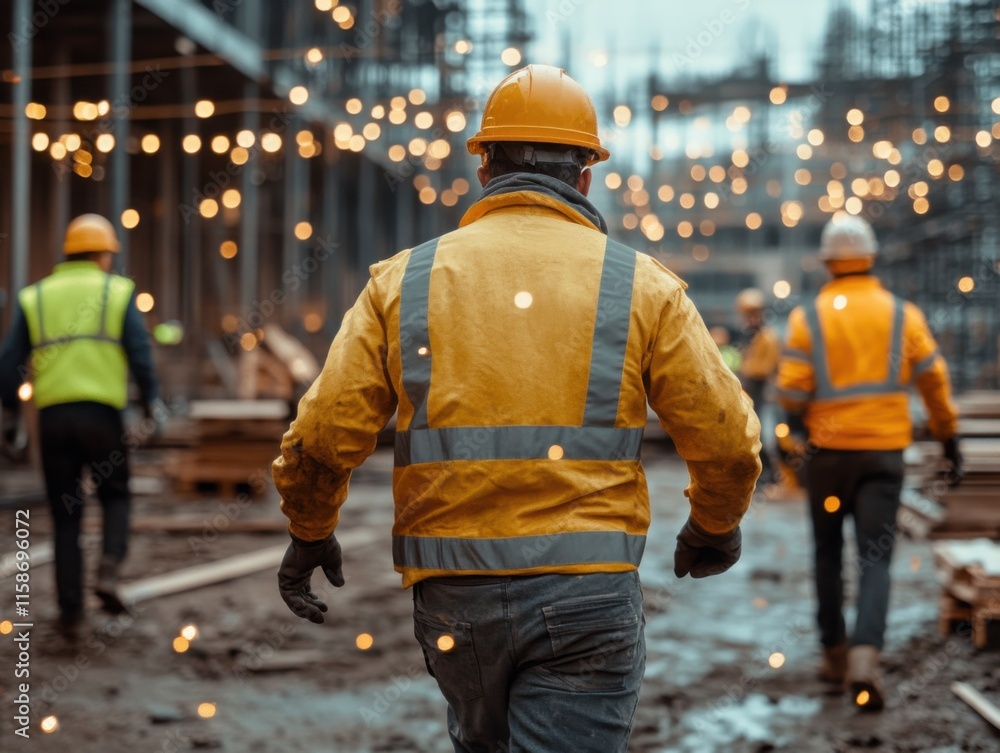 The image shows construction workers in safety gear at a bustling building site, surrounded by scaffolding and illuminated by warm lights. The image shows construction workers in safety gear at a bustling building site, surrounded by scaffolding and illuminated by warm lights.