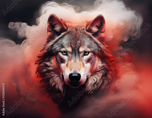 Portrait of a large wolf covered in a cloud of smoke, whirlwind, red highlight colors, black fur, majestic, hints of pastel, misty, sultry, breathtaking, oil painting style, artistic, aesthetic modern