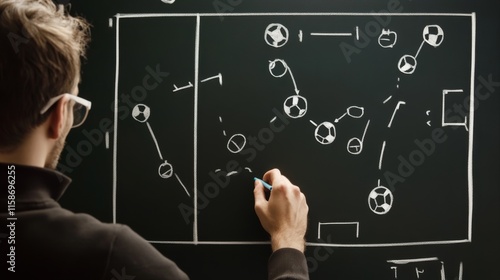 Coach drawing a soccer football game strategy in the locker room