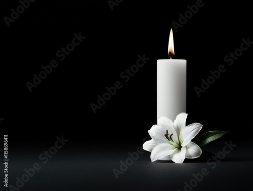 A serene scene with a burning candle and a white lily on a dark background, evoking a sense of peace and tranquility.