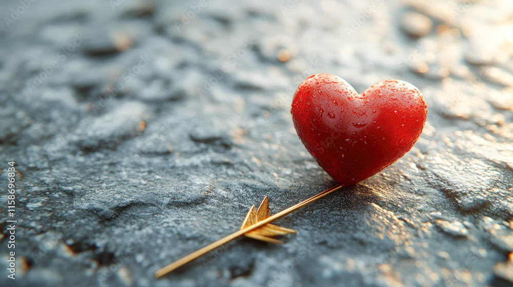Fototapeta premium Small red heart pierced by a gold arrow on textured ground.