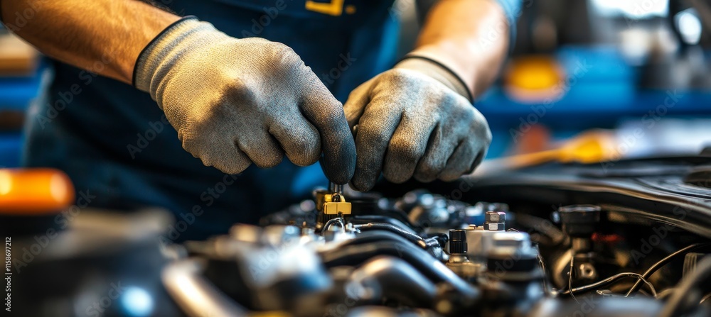 Close-up, Mechanic s Hands Working On A Car Engine, Performing Vehicle Maintenance And Repair. Close-up, Mechanic s Hands Working On A Car Engine, Performing Vehicle Maintenance And Repair.