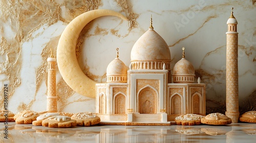 Ramadan dessert cookies with mosque model and crescent moon. photo