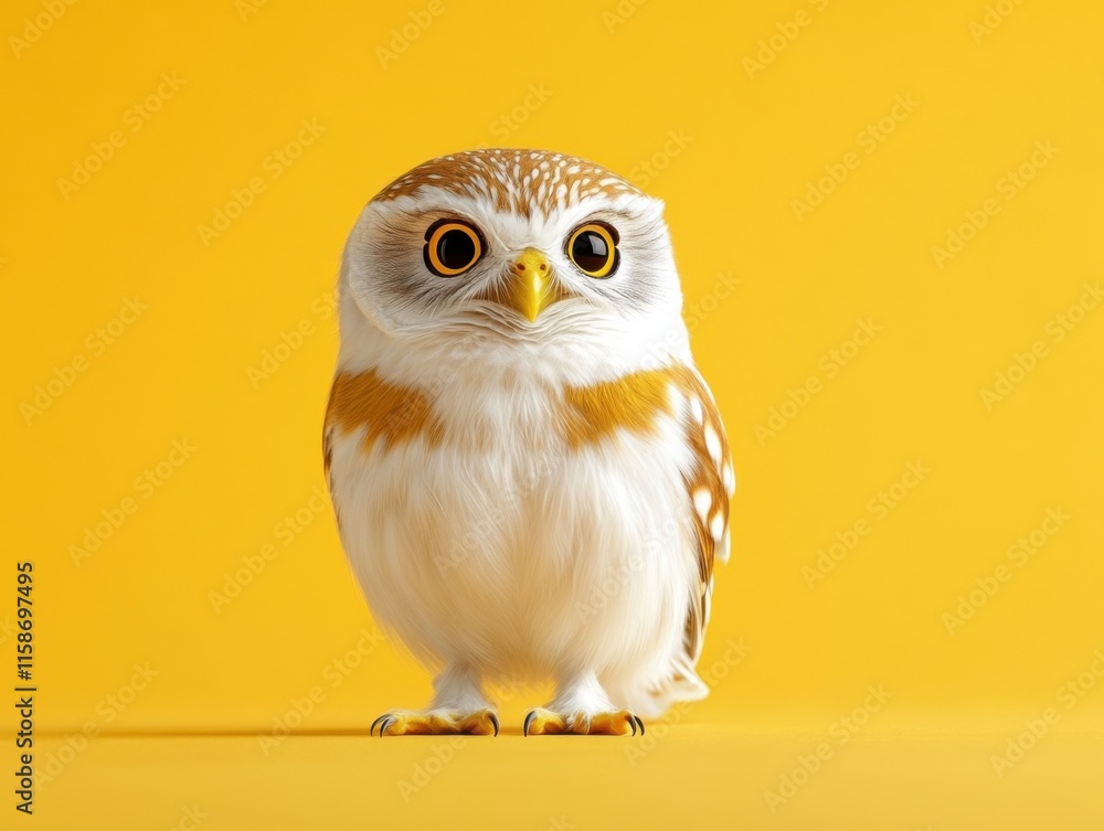 Fototapeta premium A studio portrait of a surprised owl with wide eyes and fluffy feathers, isolated on a vibrant yellow background, conveying curiosity and energy.