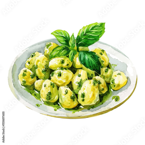 A watercolor vector painting of Italian gnocchi with pesto sauce, isolated on a white background. Italian gnocchi vector.

