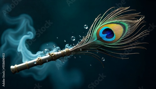 Mystical Peacock Feather and Incense Holder in Teal Water with Smoke photo