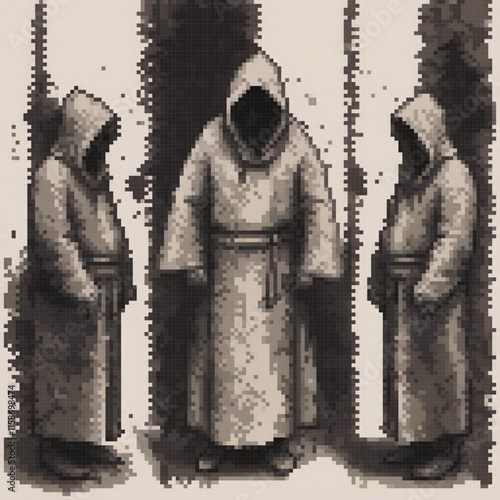 Three hooded figures each unique features stand pixel art style possibly dark mysterious setting