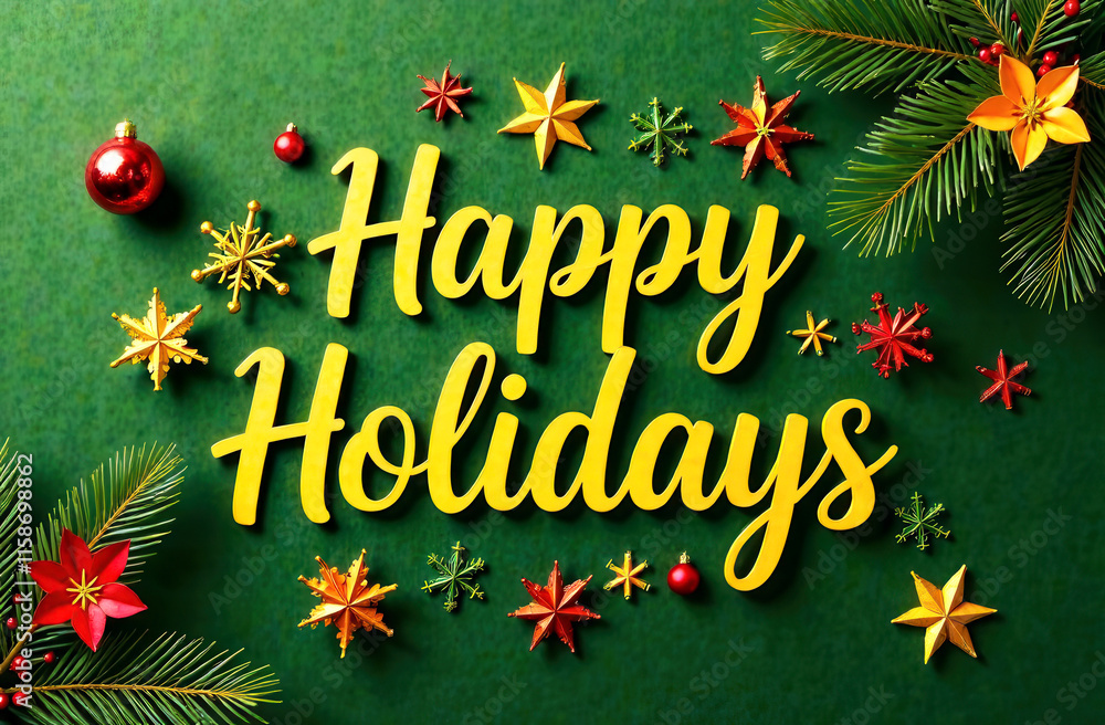 Happy Holidays Greeting Card with Spruce Branches and Christmas tree Decorations, Yellow Letters on Green Background Happy Holidays Greeting Card with Spruce Branches and Christmas tree Decorations, Yellow Letters on Green Background